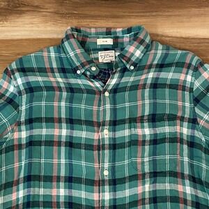 J Crew Mens Slim Medium Green Plaid Double Flannel Button Down Long Sleeve Shirt